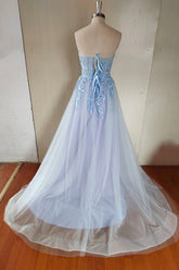 Blue Sweetheart Lace Tulle Long A-Line Prom Dress with Slit